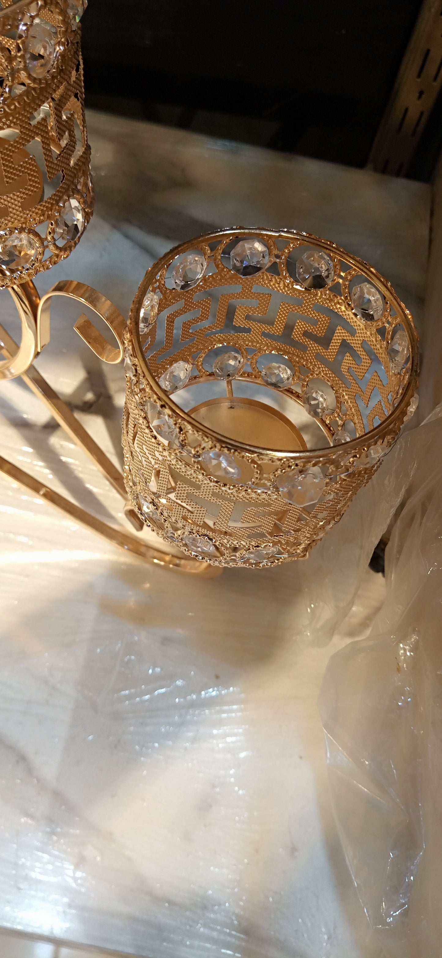 Elegant Metal Candle Stand with Versace-Style Grill Design, Beaded Accents – 15” Height, 16” Length