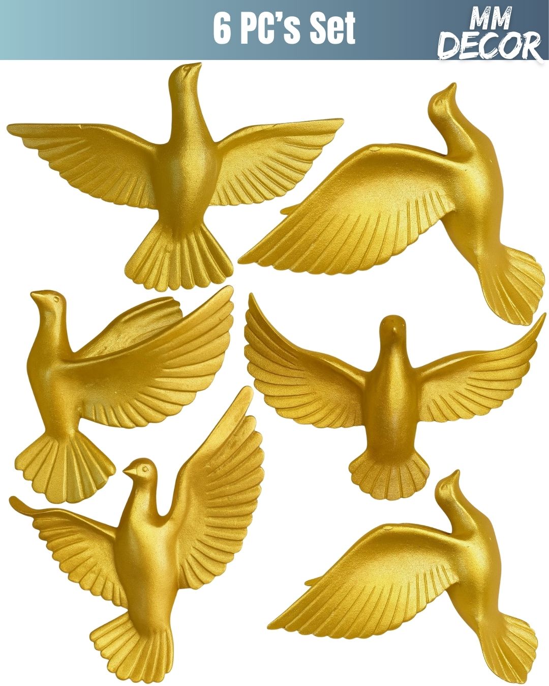 Golden Bird Wall Decor Set – 6 Pcs Elegant Resin Flying Birds | Luxury Wall Art for Living Room, Bedroom & Office | 12x7 Inch