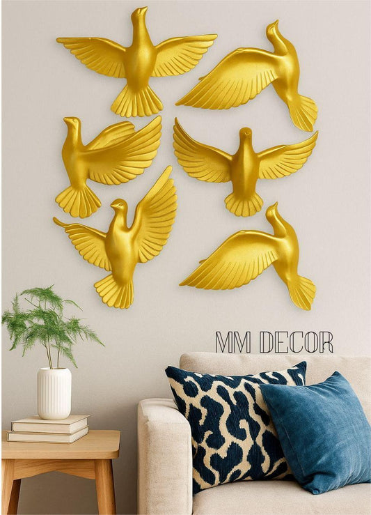 Golden Bird Wall Decor Set – 6 Pcs Elegant Resin Flying Birds | Luxury Wall Art for Living Room, Bedroom & Office | 12x7 Inch